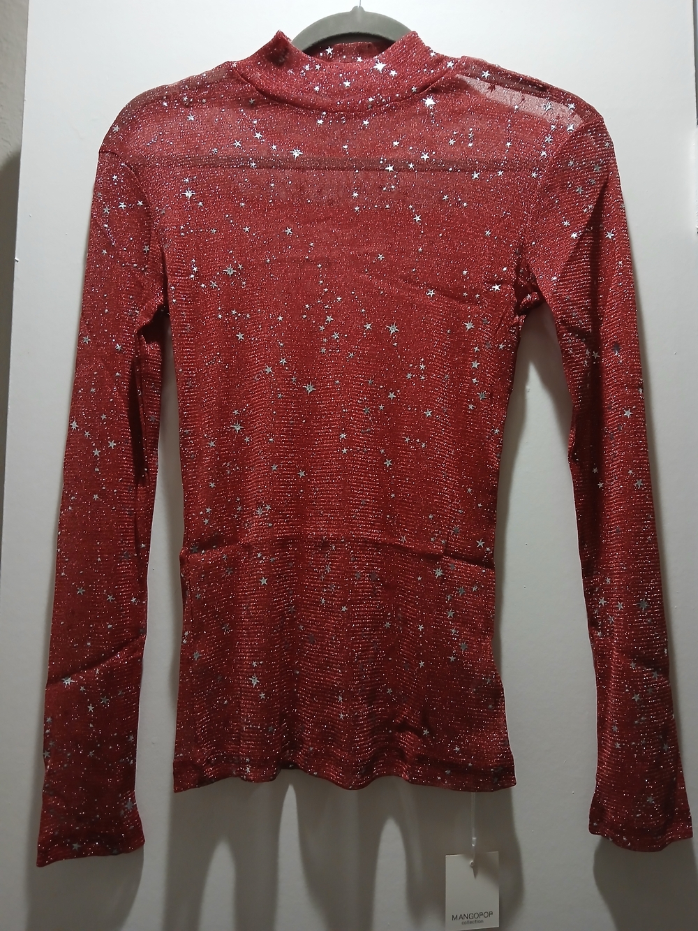 Mango Metallic Red Long-Sleeve Mock Neck Top with Silver Stars